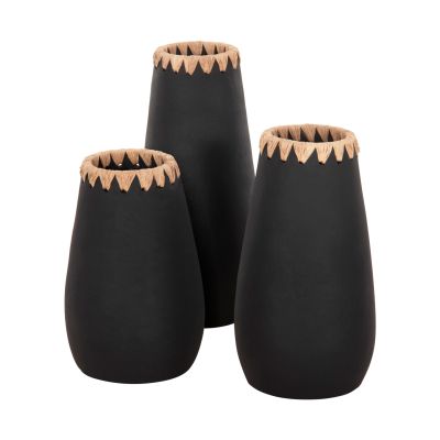 SET 3PCS DECORATIVE VASES HM4372 TERRACOTTA IN BLACK WITH STRAW WEAVING ON THE RIM