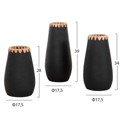 SET 3PCS DECORATIVE VASES HM4372 TERRACOTTA IN BLACK WITH STRAW WEAVING ON THE RIM