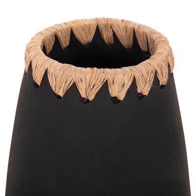 SET 3PCS DECORATIVE VASES HM4372 TERRACOTTA IN BLACK WITH STRAW WEAVING ON THE RIM
