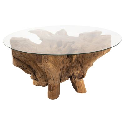 LIVING ROOM TABLE ROUND TEAK ROOT TEMPERED GLASS D100x46H cm. HM9392