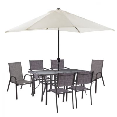 DINING SET SET TABLE WITH BEIGE UMBRELLA & TEXTILINE ARMCHAIR GRAY HM11484