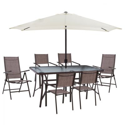 DINING SET TABLE WITH BEIGE UMBRELLA & FOLDABLE ARMCHAIRS WITH TEXTILINE BROWN HM11494