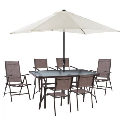 DINING SET TABLE WITH BEIGE UMBRELLA & FOLDABLE ARMCHAIRS WITH TEXTILINE BROWN HM11494