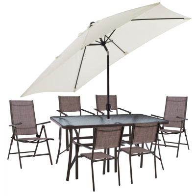 DINING SET TABLE WITH BEIGE UMBRELLA & FOLDABLE ARMCHAIRS WITH TEXTILINE BROWN HM11494
