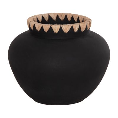 DECORATIVE VASE RENTON(L) HM4370 TERRACOTTA IN BLACK-STRAW WEAVING ON THE RIM Φ32x26.5Hcm.