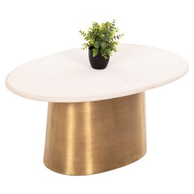 COFFEE TABLE FODEN HM9717 GRAINY WHITE MARBLE TOP & METAL IN GOLD 90x60x41Hcm.