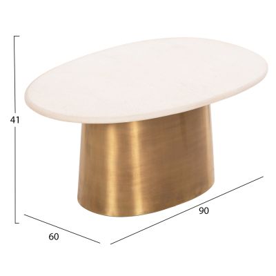 COFFEE TABLE FODEN HM9717 GRAINY WHITE MARBLE TOP & METAL IN GOLD 90x60x41Hcm.