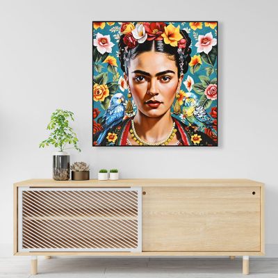 WALL PAINTING PARROTS HM4567 BLACK PS FRAME-PRINTED CANVAS WOMAN FACE & PARROTS 82x4,5x82Hcm.