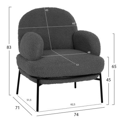 КРЕСЛО AGNES HM9525.21 СИВ ПЛАТ ОТ БУКЛЕ-ЧЕРНИ МЕТАЛНИ КРАКА 74x71x83Hcm.
