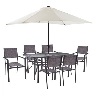 DINING SET 8PCS TABLE 150x90 WITH TEXTILINE ARMCHAIRS GRAY & BEIGE UMBRELLA HM11470
