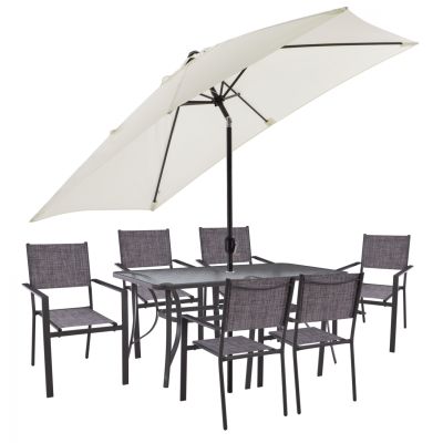 DINING SET 8PCS TABLE 150x90 WITH TEXTILINE ARMCHAIRS GRAY & BEIGE UMBRELLA HM11470