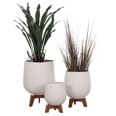 SET 3 POTS/VASES WITH TEAK BASES TRYLL HM4681.02 FIBER CEMENT IN WHITE