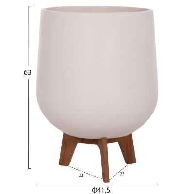 SET 3 POTS/VASES WITH TEAK BASES TRYLL HM4681.02 FIBER CEMENT IN WHITE