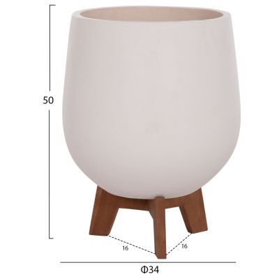 SET 3 POTS/VASES WITH TEAK BASES TRYLL HM4681.02 FIBER CEMENT IN WHITE
