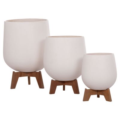 SET 3 POTS/VASES WITH TEAK BASES TRYLL HM4681.02 FIBER CEMENT IN WHITE