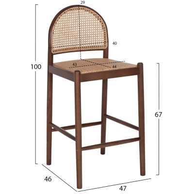 BAR STOOL BEECH WOOD WALNUT RATTAN BEIGE HALF-ROUND BACK 47x46x100Hcm.HM9408.04
