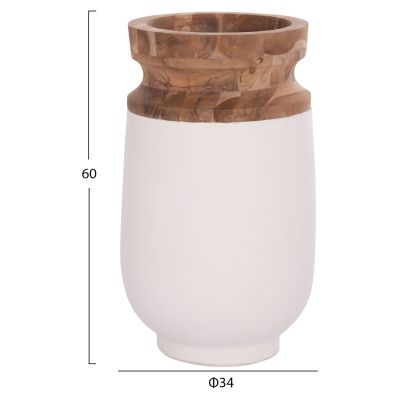 DECORATIVE FLOOR VASE LINTER HM4662.02S FIBER CEMENT IN WHITE--TEAK WOOD Φ34x60Hcm.