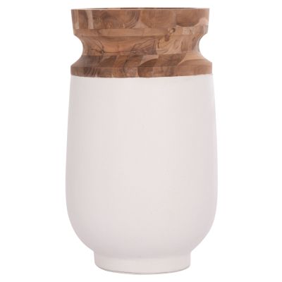 DECORATIVE FLOOR VASE LINTER HM4662.02S FIBER CEMENT IN WHITE--TEAK WOOD Φ34x60Hcm.