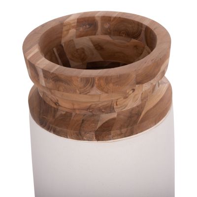 DECORATIVE FLOOR VASE LINTER HM4662.02S FIBER CEMENT IN WHITE--TEAK WOOD Φ34x60Hcm.