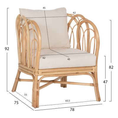 ARMCHAIR ESTOR HM9817 RATTAN IN NATURAL-WHITE CUSHION 78x75x92Hcm.
