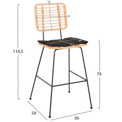 BAR STOOL ALLEGRA HM5455.11 METAL&CUSHION BLACK-WICKER BEIGE 56x59x116.5Hcm.