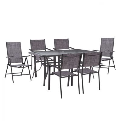 DINING SET 7PCS TABLE 150x90 WITH METALLIC GRAY FOLDABLE ARMCHAIRS FURNITURE HM11481