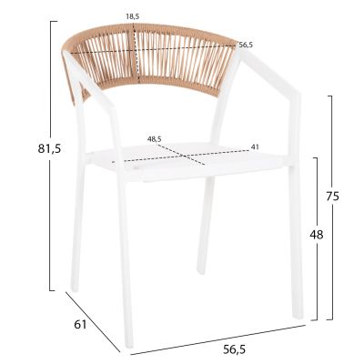 КРЕСЛО АЛУМИНИЕВО HM5891.22 БЯЛА РАМКА И ТЕКСТЛИНИЯ- БЕЖОВА РАТАНОВА ОБЛЕГАЛКА 57x63x82Hcm.