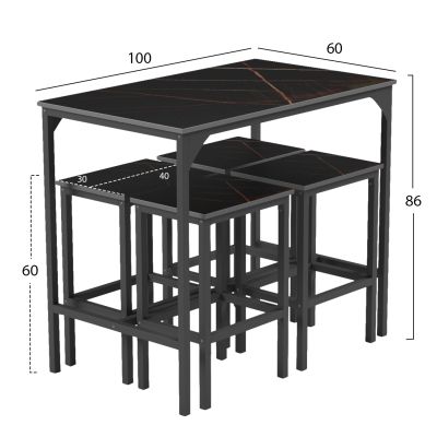 DINING SET FOR BARS 5PCS BOXY HM9882.13 BLACK METAL FRAMES-BLACK MARBLE MELAMINE