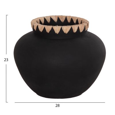 DECORATIVE VASE RENTON(M) HM4732 TERRACOTTA IN BLACK-STRAW WEAVING ON THE RIM Φ28x23Hcm.