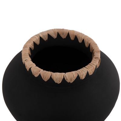 DECORATIVE VASE RENTON(M) HM4732 TERRACOTTA IN BLACK-STRAW WEAVING ON THE RIM Φ28x23Hcm.