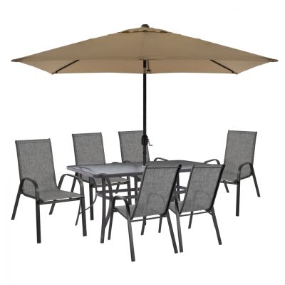 DINING SET 8PCS TABLE WITH GRAY ARMCHAIRS & MOCHA GRAY UMBRELLA HM11473