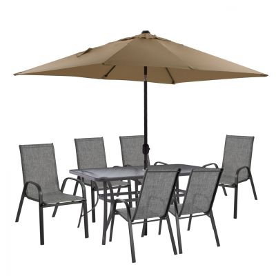 DINING SET 8PCS TABLE WITH GRAY ARMCHAIRS & MOCHA GRAY UMBRELLA HM11473