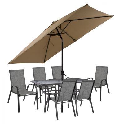 DINING SET 8PCS TABLE WITH GRAY ARMCHAIRS & MOCHA GRAY UMBRELLA HM11473