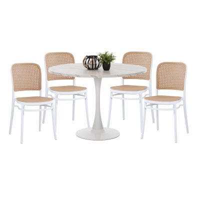 DINING SET 5PCS HM11911 ROUND TABLE AND POLYPROPYLENE CHAIRS IN WHITE