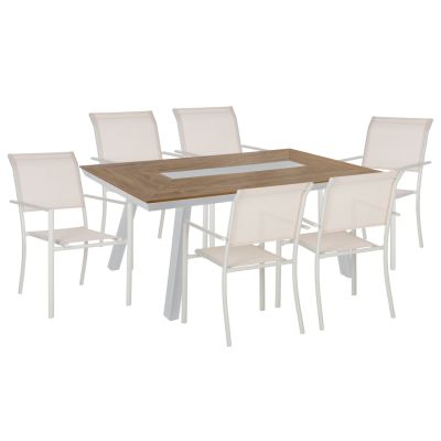 OUTDOOR DINING SET HM11837 7PCS ALUMINUM POLYWOOD TABLE & ALUMINUM ARMCHAIRS TEXTLINE WHITE