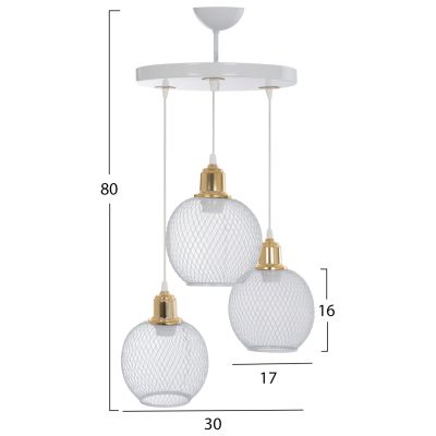 CEILING PENDANT 3-LIGHT WHITE METAL SPHERICAL MESHES Φ30x80Hcm.HM7689.02