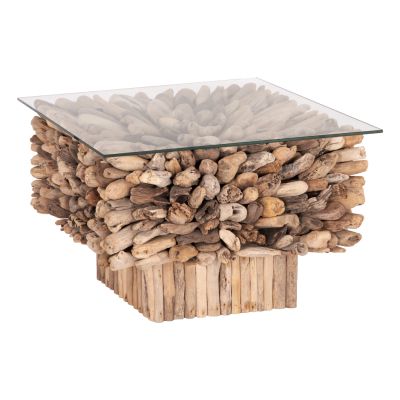 COFFEE TABLE SQUARE SPARROW HM9961 DRIFTWOOD--GLASS 75x75x51Hcm.