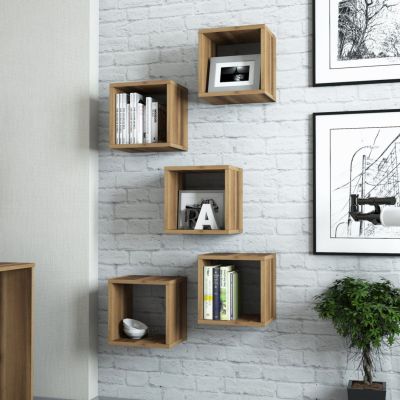 WALL SHELVES 5PCS HM9519.02 WALNUT MELAMINE 30x30x24Hcm.