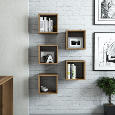 WALL SHELVES 5PCS HM9519.02 WALNUT MELAMINE 30x30x24Hcm.