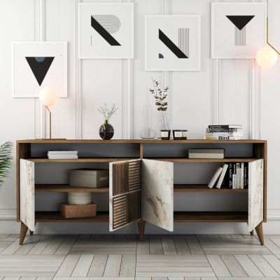 BUFFET MELAMINE IN WALNUT COLOR AND WHITE MARBLE-LOOK DOORS 180x35x78,6Hcm.HM9431.03