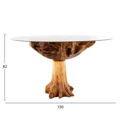 DINING TABLE ROOTS HM9395 TEAK ROOT WOOD-TEMPERED GLASS TOP 150x150X80Hcm.
