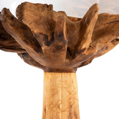 DINING TABLE ROOTS HM9395 TEAK ROOT WOOD-TEMPERED GLASS TOP 150x150X80Hcm.