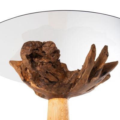 DINING TABLE ROOTS HM9395 TEAK ROOT WOOD-TEMPERED GLASS TOP 150x150X80Hcm.