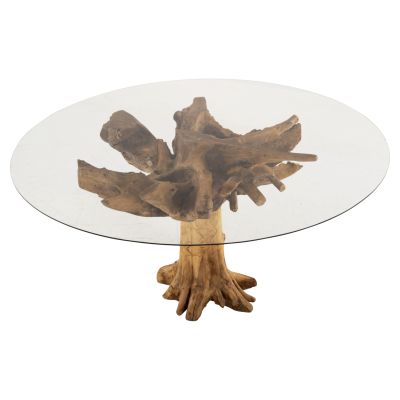 DINING TABLE ROOTS HM9395 TEAK ROOT WOOD-TEMPERED GLASS TOP 150x150X80Hcm.