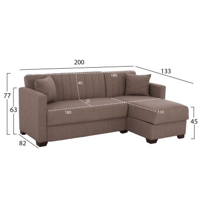 HM3244.02, corner sofa-bed, reversible, brown, 200x133x77