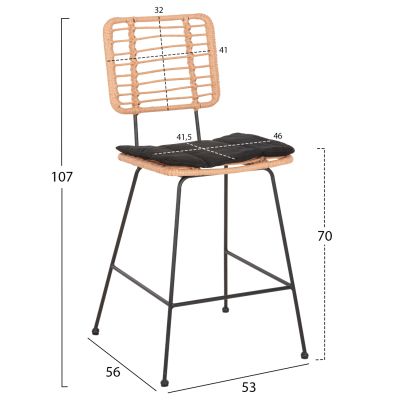 BAR STOOL MED.HEIGHT ALLEGRA HM5644.11 METAL&CUSHION BLACK-WICKER BEIGE 53x56x107Hcm.