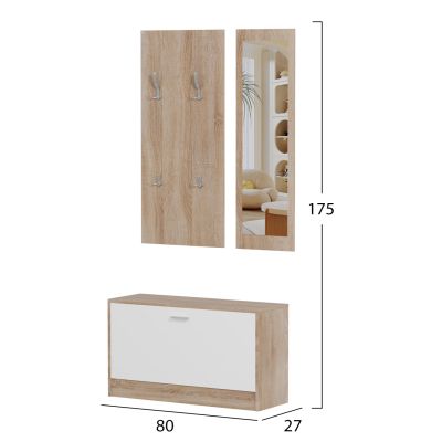 ENTRYWAY SET WITH MIRROR VERN HM2476.04 MELAMINE IN SONAMA-WHITE 80x27x175Hcm.