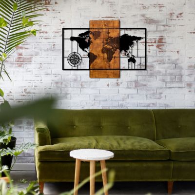 ДЪРВЕНА ДЕКОРАЦИЯ ЗА СТЕНА С МЕТАЛНА КАРТА НА СВЕТА 85X58cm HM7223