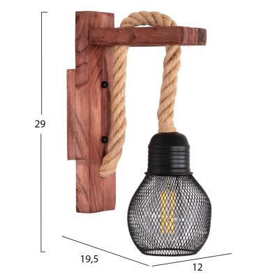 WALL SCONCE BARN2 HM4480 WOODEN BASE-HEMP ROPE-METAL 12x19.5x29Hcm.