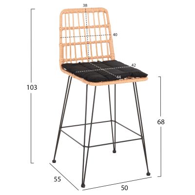 BAR STOOL MED.HEIGHT ALLEGRA HM5643.11 METAL&CUSHION BLACK-WICKER BEIGE 50x55x103Hcm.